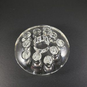 Vintage 10 hole glass flower frog with candle holder centre 3" width
